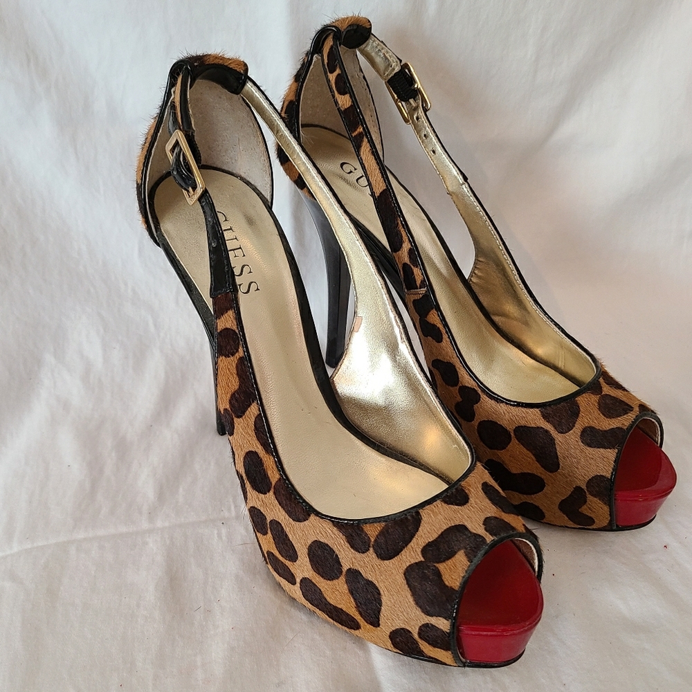 Guess Platform Animal Print Red Peep Toe